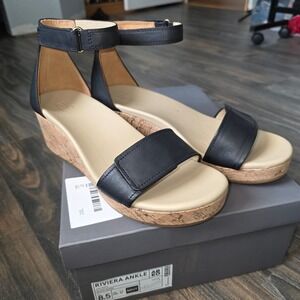 ABEO Riviera Ankle Black Leather Cork Wedge Sandals Women's Size 8.5